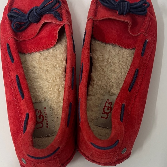 UGG Meena Women's Red Suede Shoes Moccasins Flats Navy Lace Slippers Driving - Picture 3 of 12